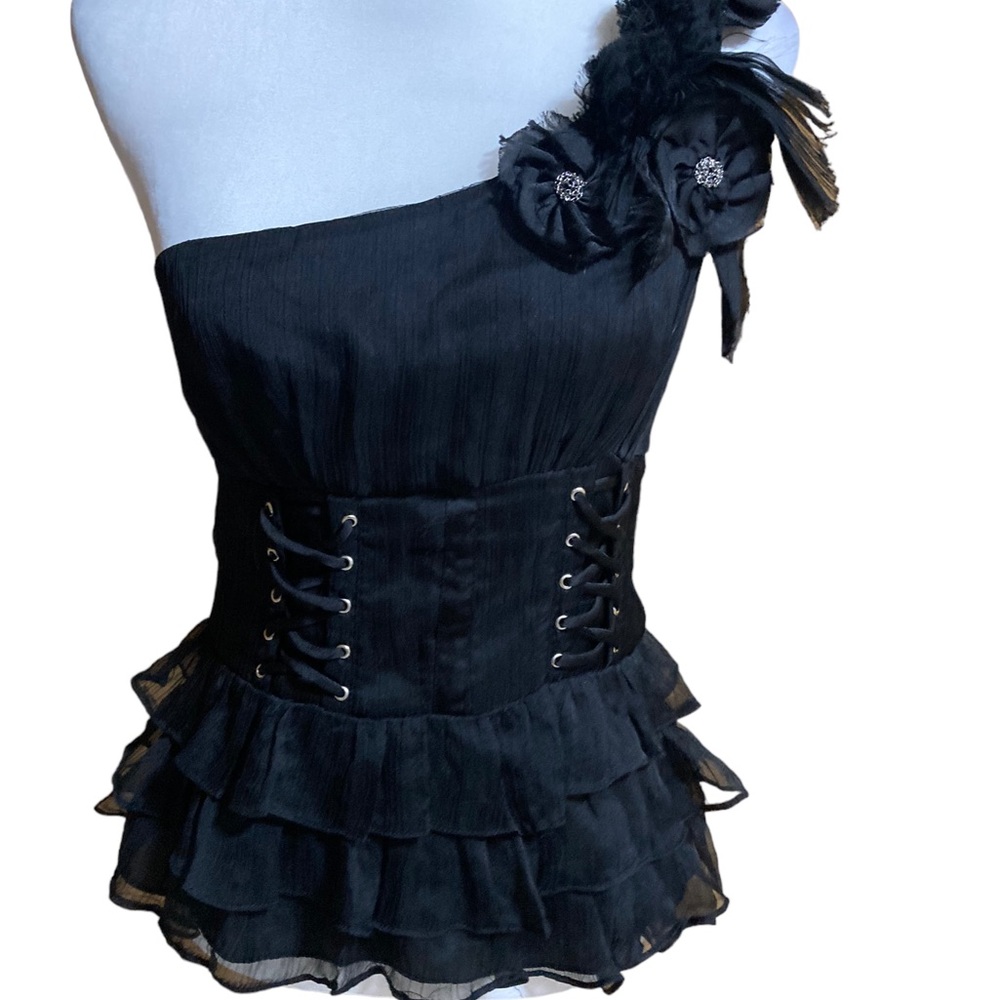 Do & Be women’s one shoulder black blouson style corset top.